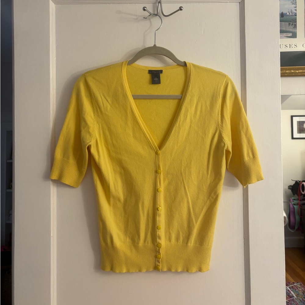 Ann Taylor Yellow Butter Short Sleeve Cardigan Light Summer Sweater S Small